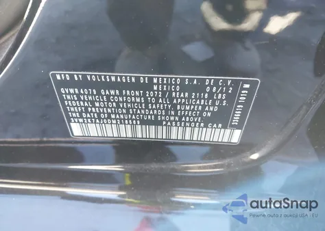 2013 Volkswagen Jetta 2.0L S из США, поврежденный, VIN 3VW2K7AJ0DM218569